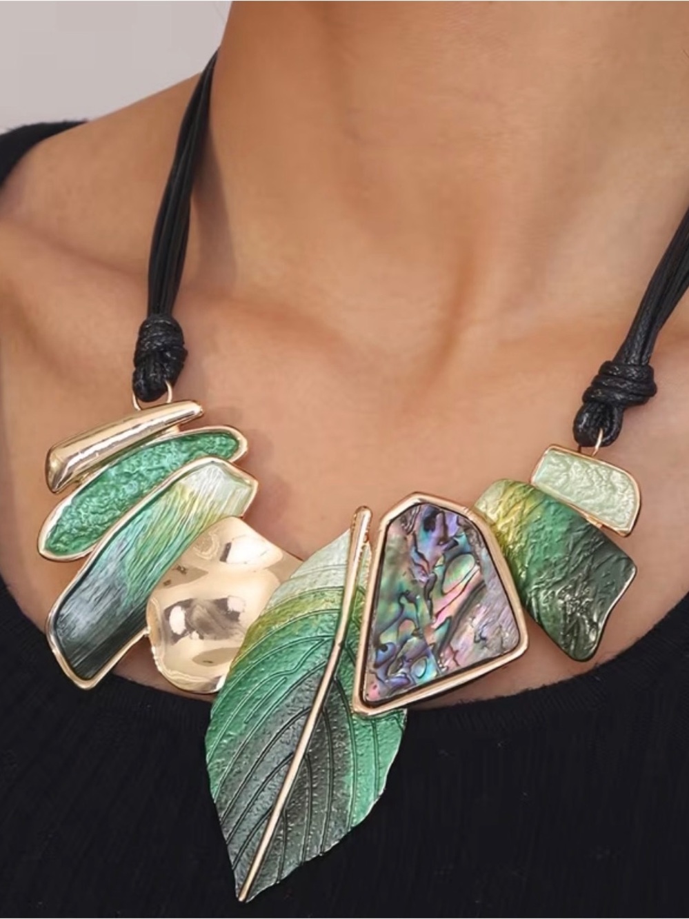 Zara Statement Necklace Green Leaf Abalone Shell Artistic Pendant NWOT